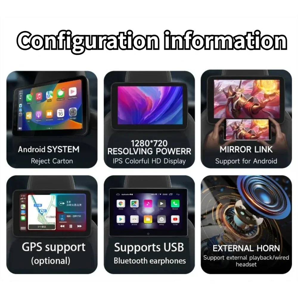 10.1 INCH Car Headrest Video Multimedia Player Bluetooth Rear Back Seat TV Monitor Display Android 12 Touch Screen For Airplay