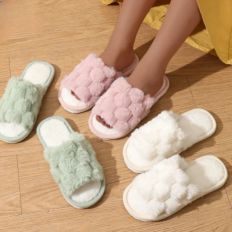 Pantoufles Doublées de Fausse Fourrure pour la Maison, Chaussures à Glissière Moelleuses et Confortables, en Peluche, Semelle Antidérapante, Carillon Chaud