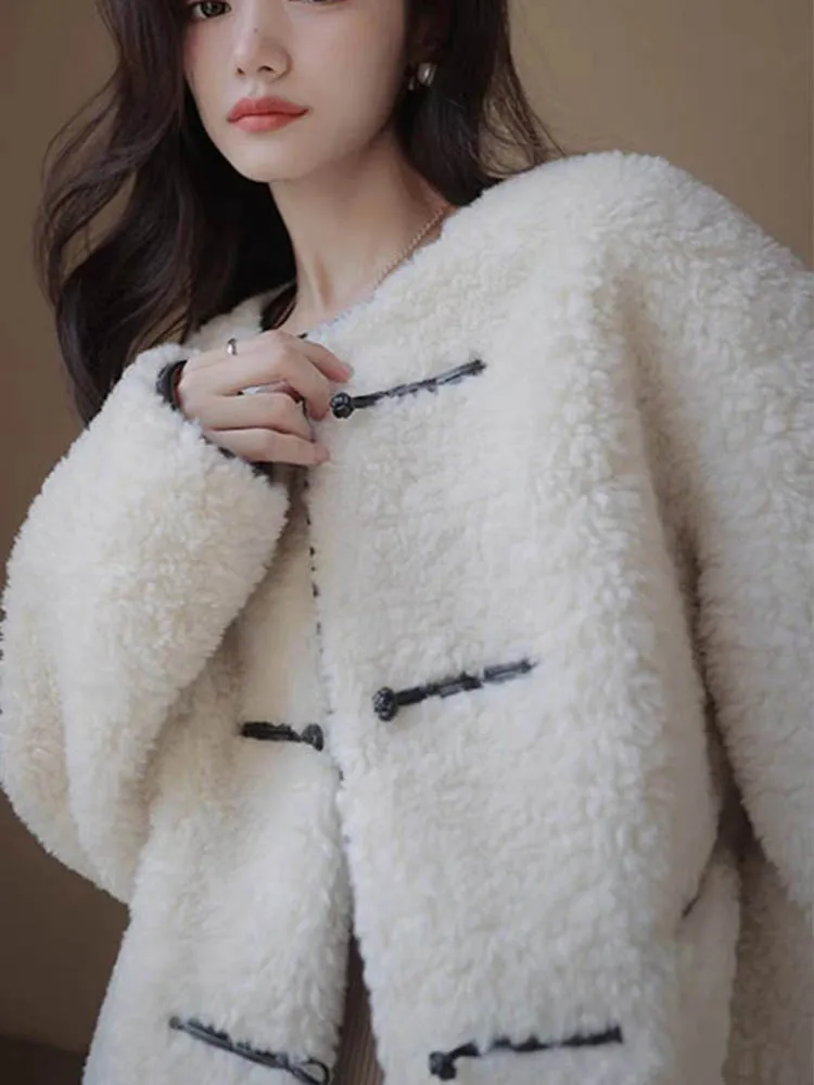 Casacos soltos grossos de pele sintética moda coreana o pescoço único breasted jaquetas femininas elegantes manga longa lã de cordeiro chaquetas novo