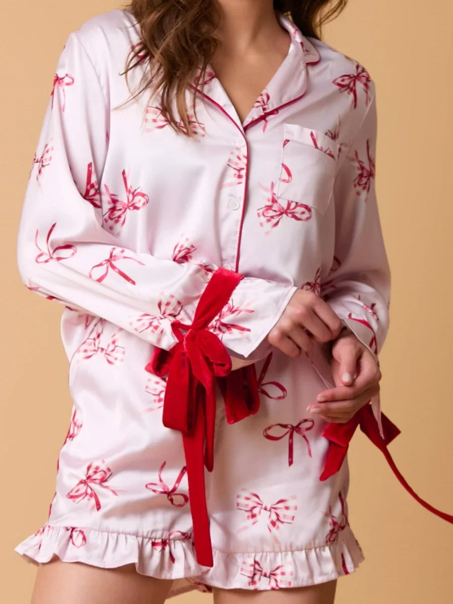 Fashion Y2K Pink Bow Pajama Sets for Women 2 Piece Shorts Cute Short Sleeve Matching Lounge Shirts Sets Santa Claus Pajamas