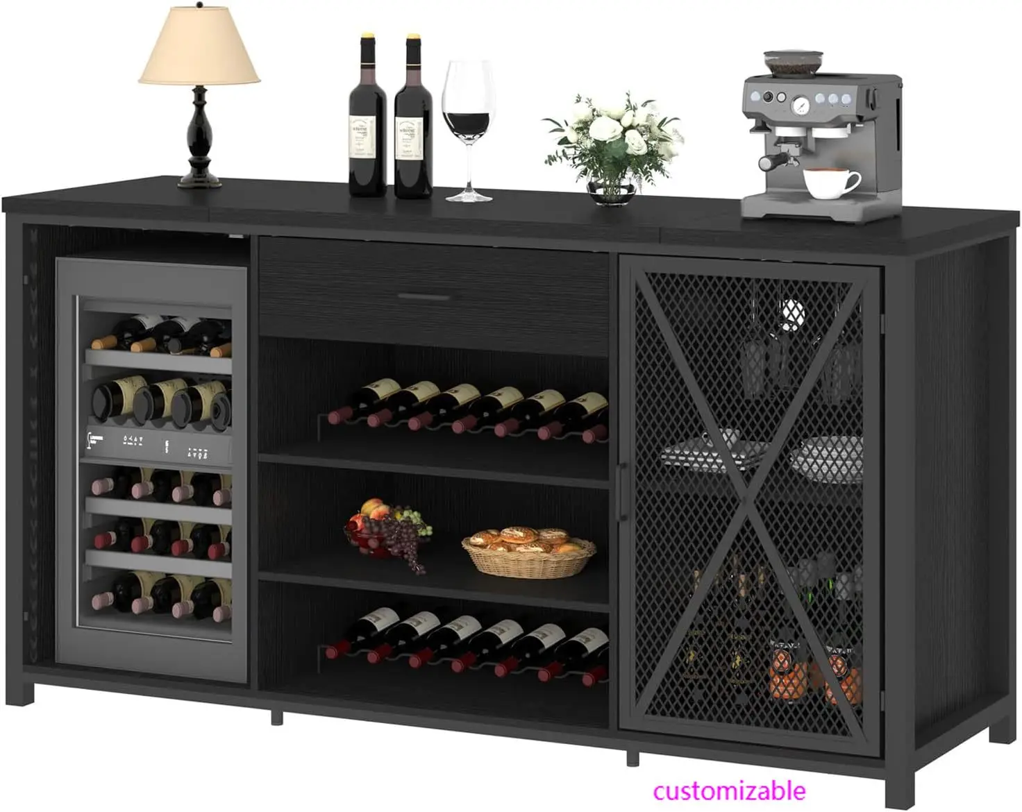 Long Coffee Bar Cabinet with Fridge Space, Modern Wood Metal Large Wine Liquor Cabinet with Rack, Big Wide Sideboard Buffet