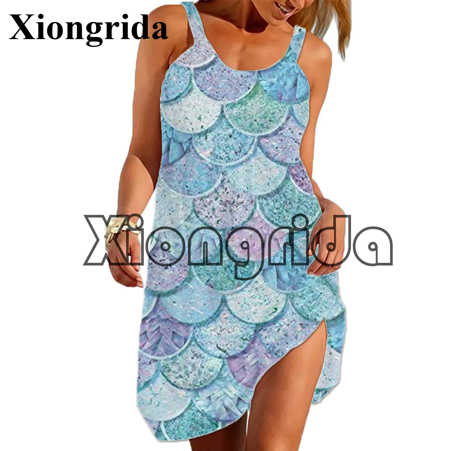 New Mermaid Dress Women Sexy Fish Scales Printed Strap Dress Sleeveless Mini A Line Dress Hawaii Tank Dress Beach Wear Homewear