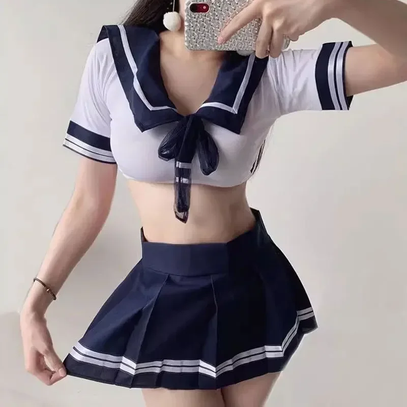 

Cosplay Lingerie Costume School Student Uniform Women Midriff-baring Tight Blouse JK Pleated Skirt Porn College Girl Cos Anime