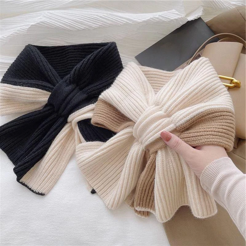 Colorblocking Knitted Scarf Autumn Winter Soft Woolen Crossover Scarf Women's Fall And Winter Cold Warm Scarf