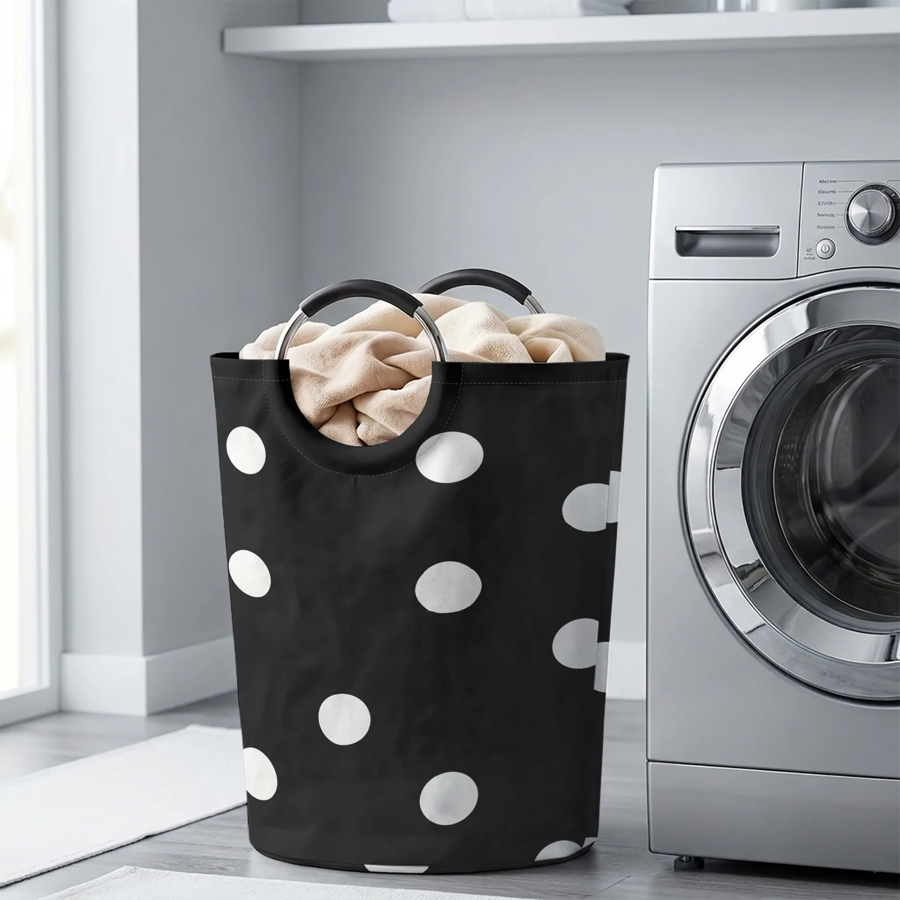 Black White Polka Dot Print Handheld Storage Basket, Large Capacity, for Dirty Clothes, Bedroom Sundries and Toy Storage