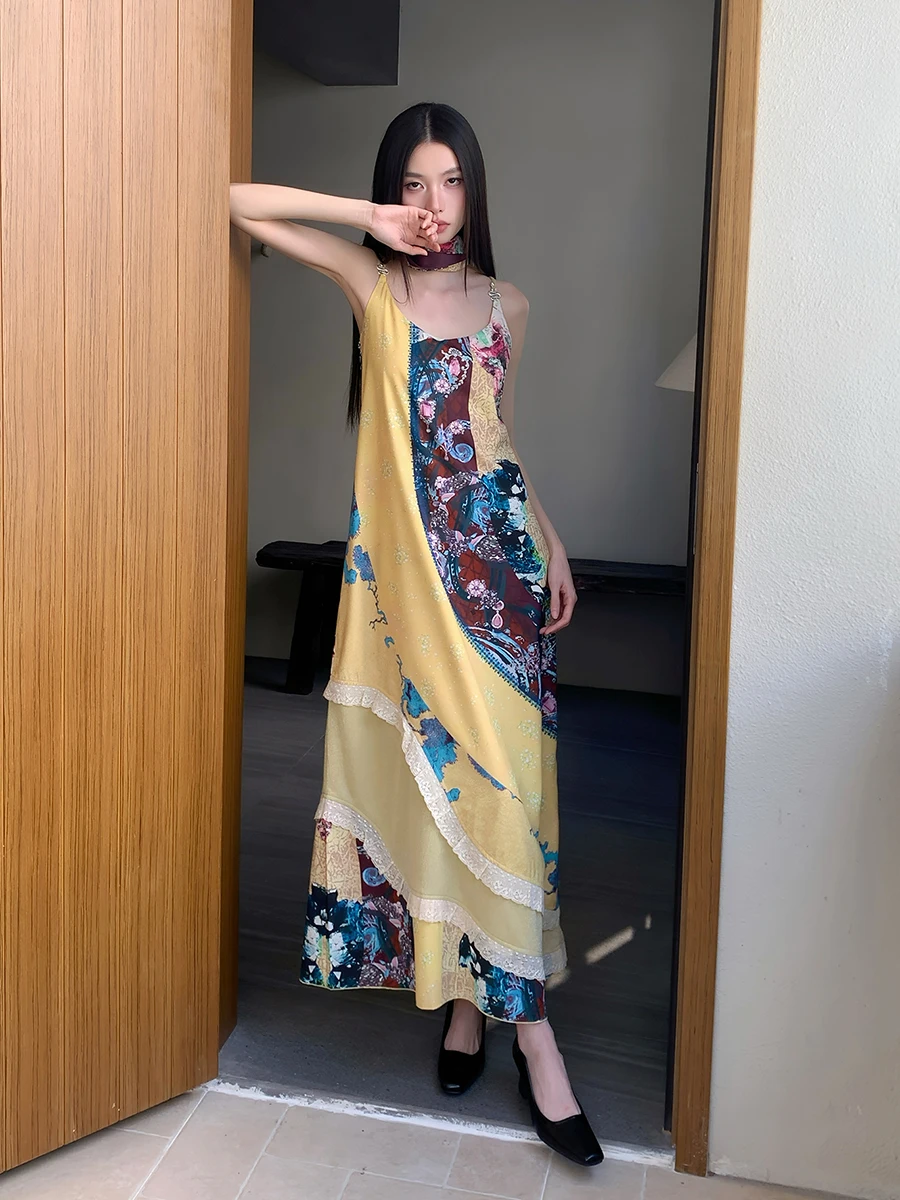 REDDACHiC Women Stitch Lace Camisole Long Dress Aesthetic Print A-line Snake-shaped Buckle Loose Sundress Vintage Boho Clothes