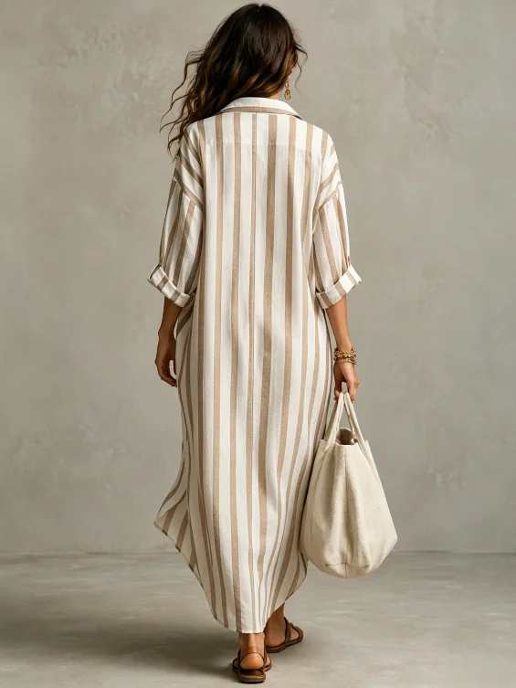 Damen Langes Gestreiftes Hemdkleid V-Ausschnitt Locker Lässig Sommer Urlaub Mode Europäischer und Amerikanischer Grenzüberschreitender Stil – Detail 17
