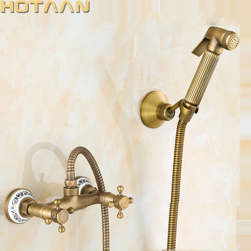 

. New Arrivals Antique Bronze Bidet Faucet Dual Handle Mixer Wall Mounted Luxury Bathroom Shower Faucet Set