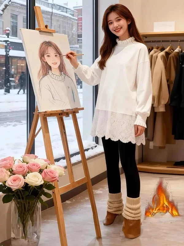 

Корейская женская толстовка больших размеров, свободного кроя, средней длины, на флисовой подкладке, с кружевными вставками, с высокой талией, с длинными рукавами, весенняя, повседневная