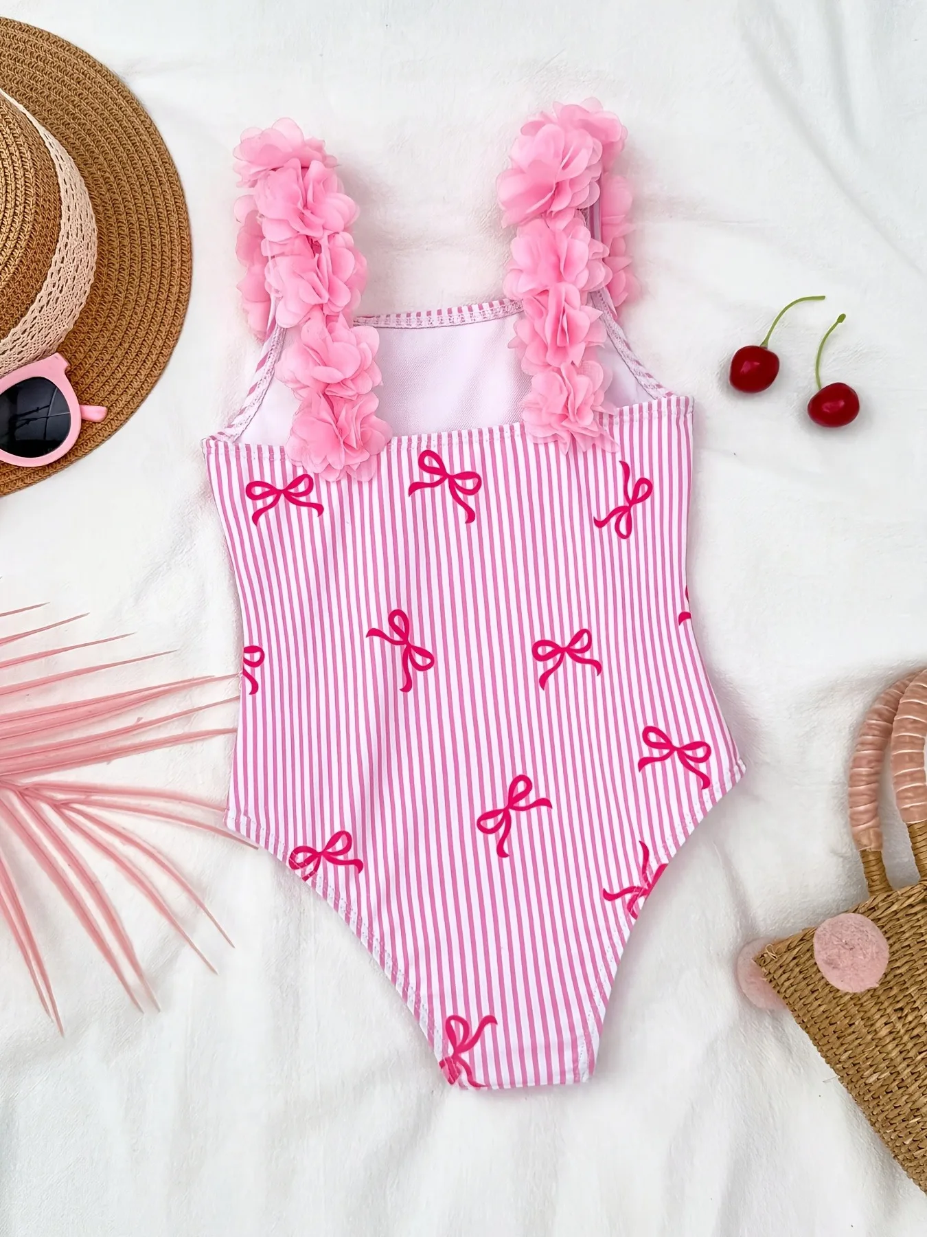 Cute Girls Pink Vertical Stripe One Piece Swimwear, All over Bow Print 3D Floral Straps Bikini for Beach & Pool Vacation