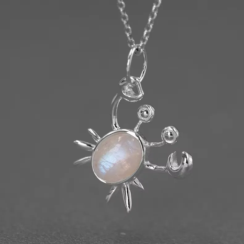 

925 Sterling Silver Jewelry Natural Stone Miss Crab Necklace Pendant For Women Gift Summer Beach Jewelry