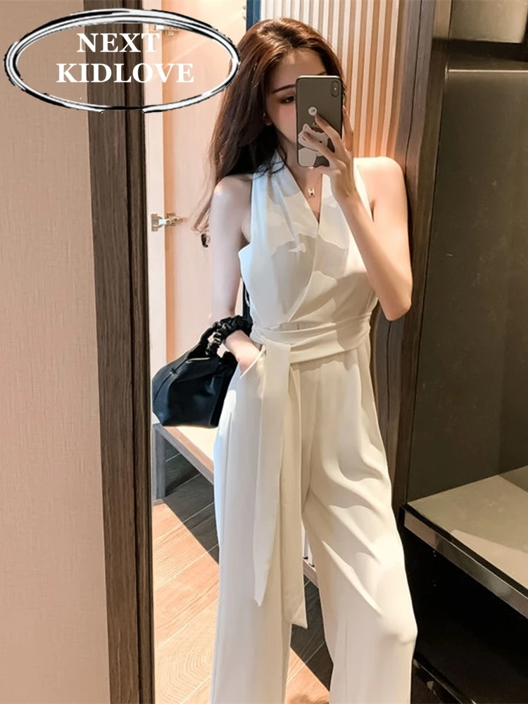 

Ele High-End Women's Jumpsuit Faionable Summer Ne Hanging Pants High Waist Wide Leg Pants Belt ket Nine Points