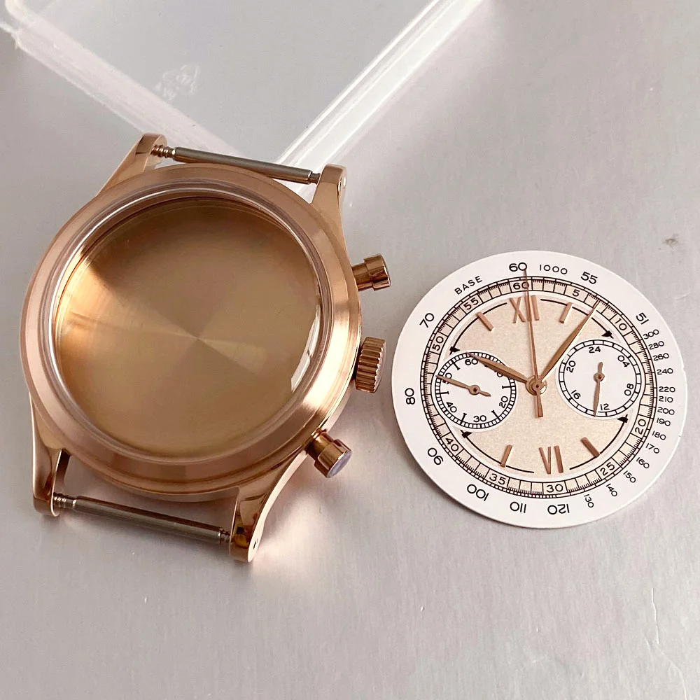 Stainless Steel Rose Gold Chronograph Multifunction for MIYOTA OS20 Quartz 38mm Watch Case Dial Set Mineral Crystal Watch Parts