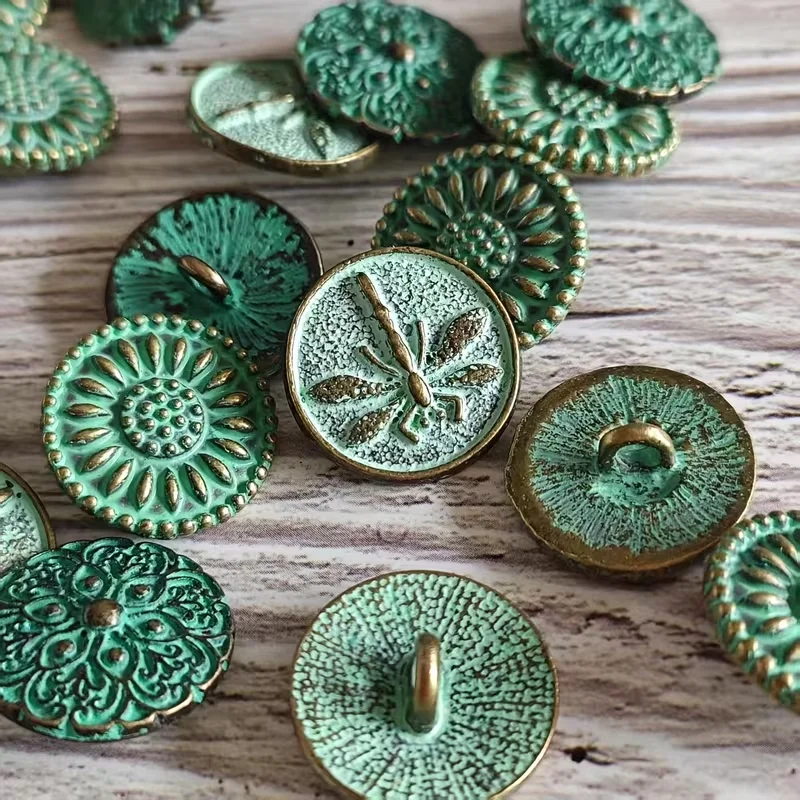 15 green metal buttons in a 3-style set (dragonfly pattern, lotus pattern, mixed pattern) suitable for accessories, accessories - view 5