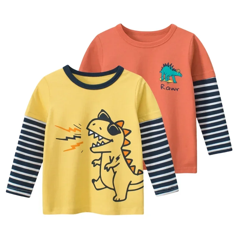 2025 Spring Autumn New Boys Cartoon Dinosaur Top Casual Children's Striped Long Sleeve T-shirt Cotton Bottom T Shirt Kids Outfit