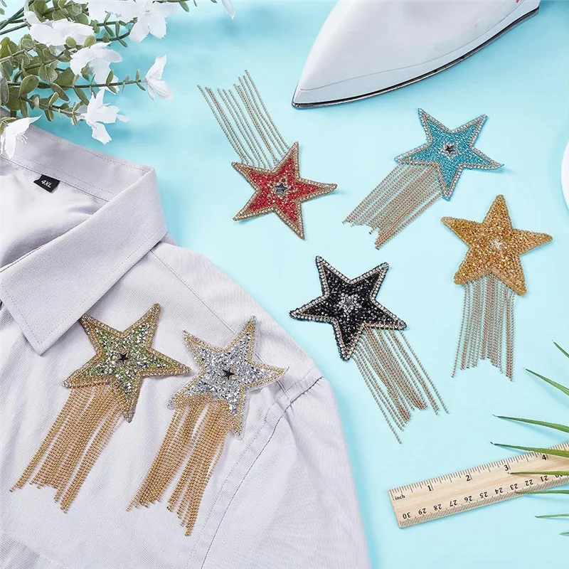 6 قطعة بقع حجر الراين نجمة مع سلسلة شرابات نجمة خماسية الكي بقع الملابس قبعة الجينز حقيبة سروال فستان لتقوم بها بنفسك-A55G