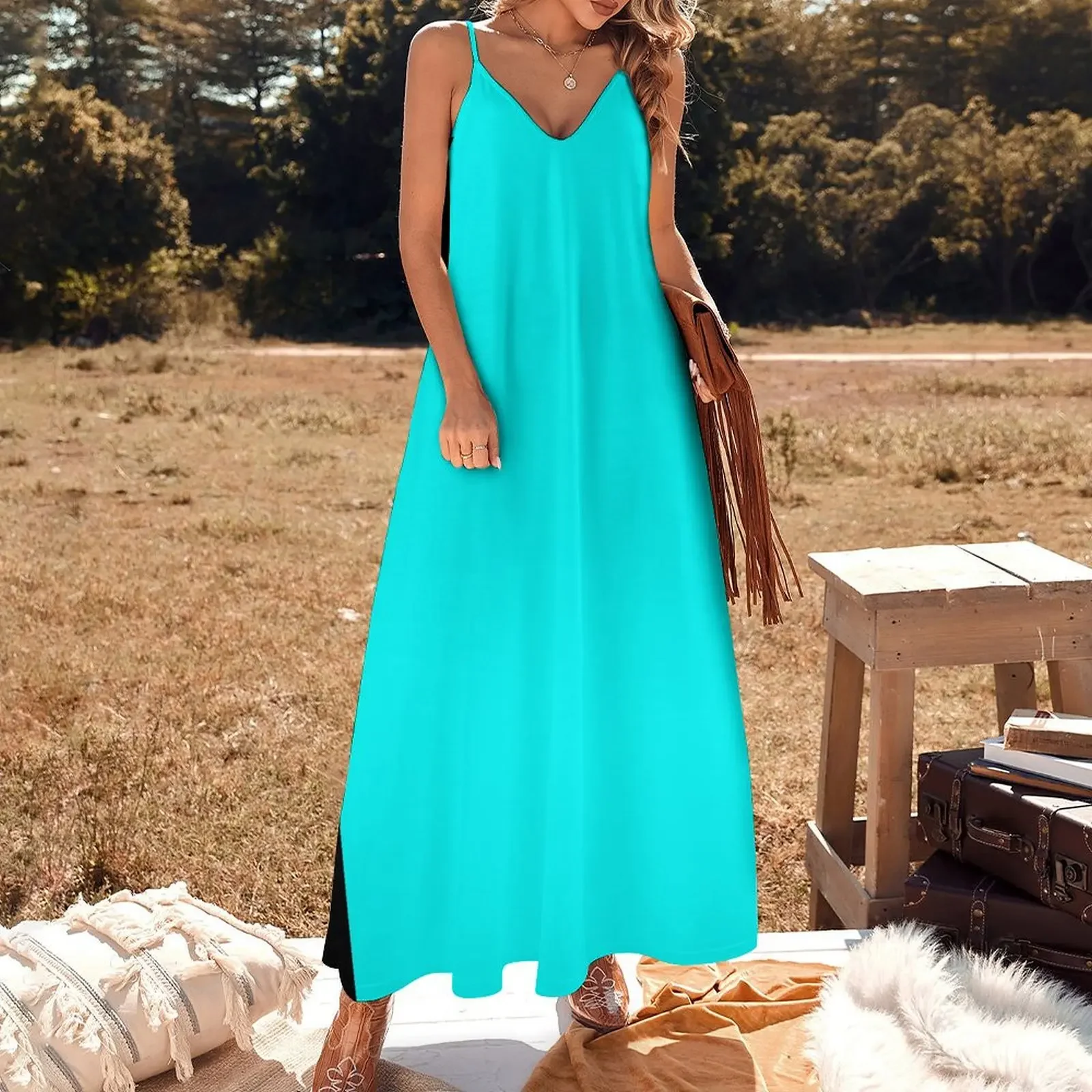 Neon Aqua Blue Bright Electric Fluorescent Color Sleeveless Dress dress women elegant luxury beach dress