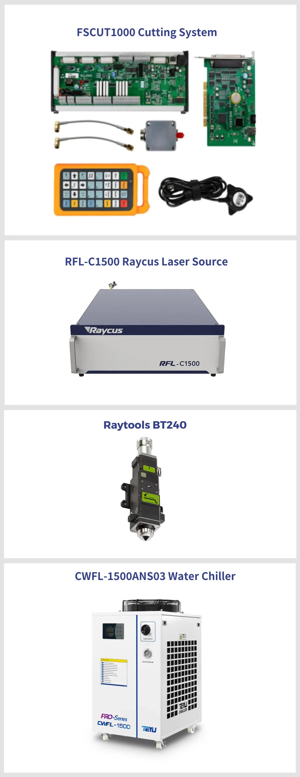 Raysoar DIY Set Fscut1000 + RFL-C1500 Raycus Lase r Source + BT240 Raytools Cutting Head + CWFL-1500 TEYU S&A Chiller