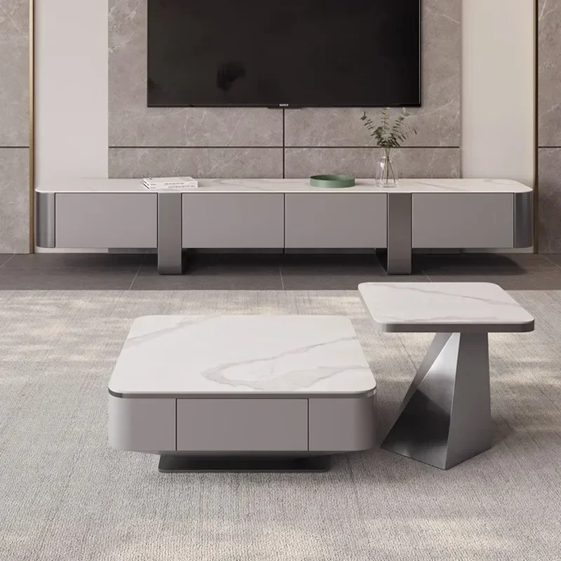 

N Nordic medieval style household simple stainless steel rock slab square coffee table