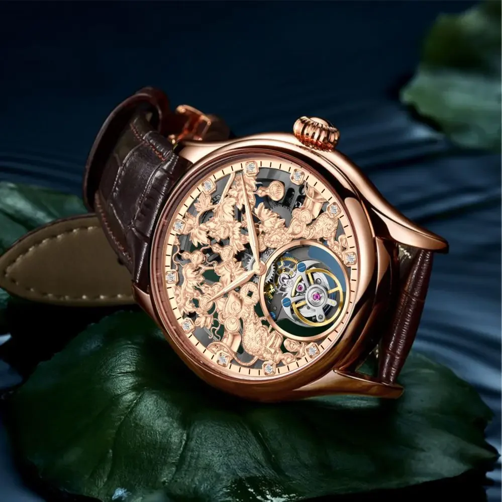 AESOP 100% Tourbillon Skeleton Watch For Men Golden Mouse Luxury Mechanical Watches 30m Waterproof Sapphire Leather Strap