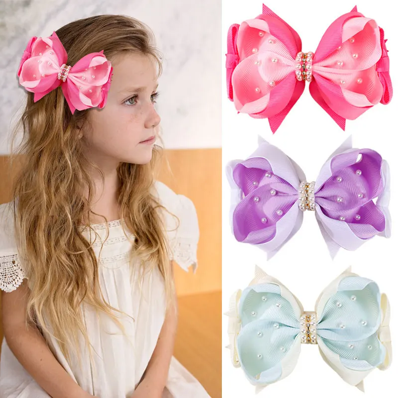 Fashion Pearl Hair Clips For Girls Sweet Pink Ribbon Rhinestone Hairpins Children Hair Styling Tools Kids Hairgrips Headwear