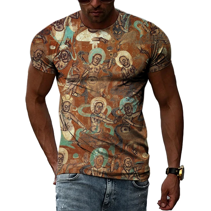 China Dunhuang Mural Graphic Shirt 3D Harajuku Print New Summer Retro Art Casual Short Sleeve Top For Men And Women Personality