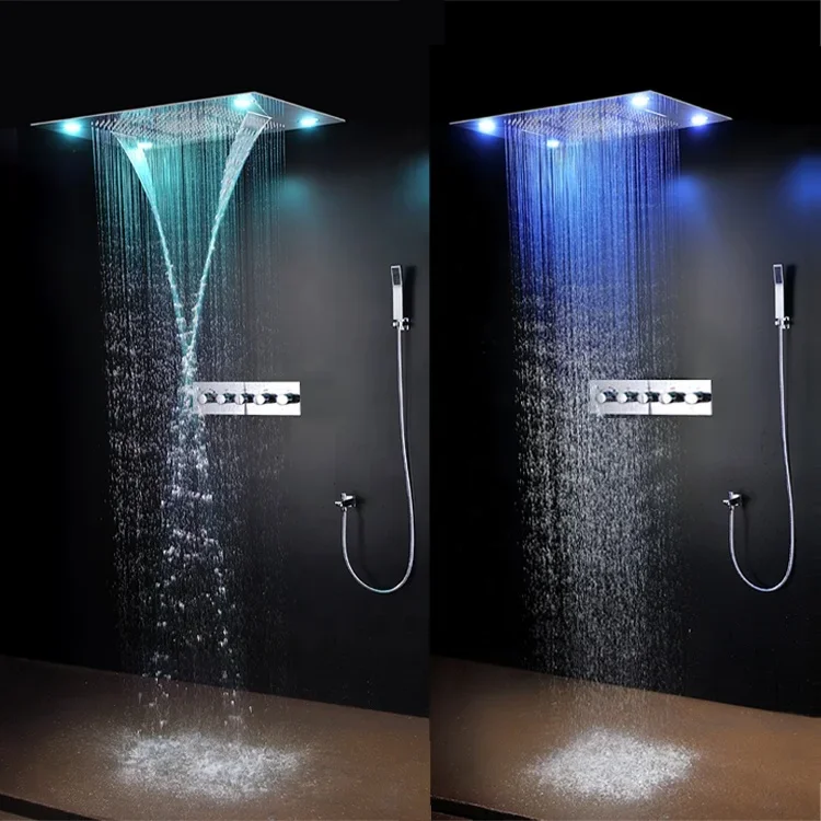 600x800mm Big Dual Rainfall Waterfall  hand shower / LED rain shower set with multifunction head shower