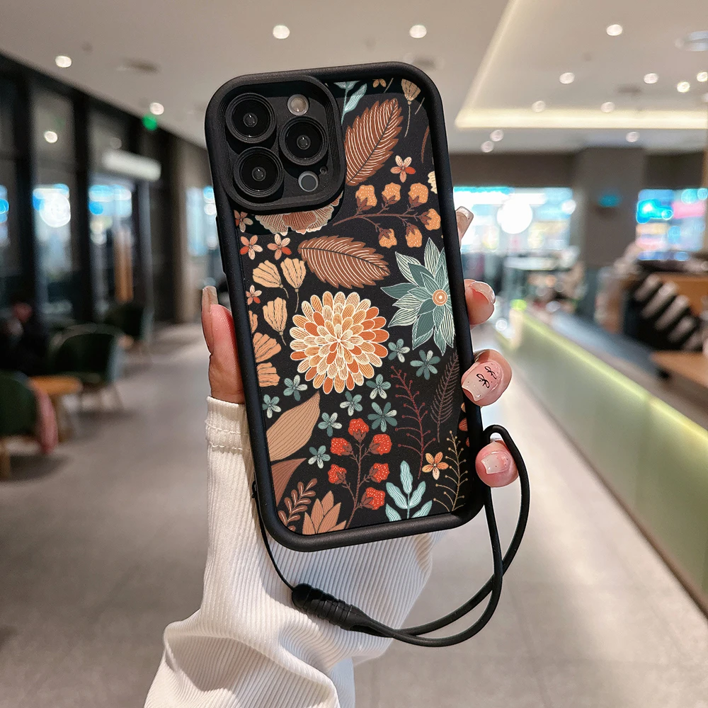 INS Bustling Pattern Flowers Phone Case for IPhone 15 14 13 12 11 Pro Max Mini XR X 7 8 Plus Soft TPU Back Cover With Hand Strap