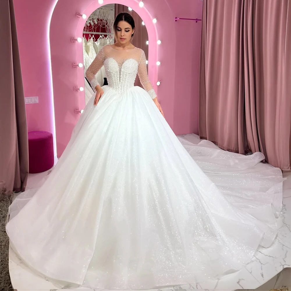 

Customized Sparkly Tulle Ball Gown Wedding Dress with Beaded Illusion Neckline Bridal Dress for Brides Formal Bridal Gown