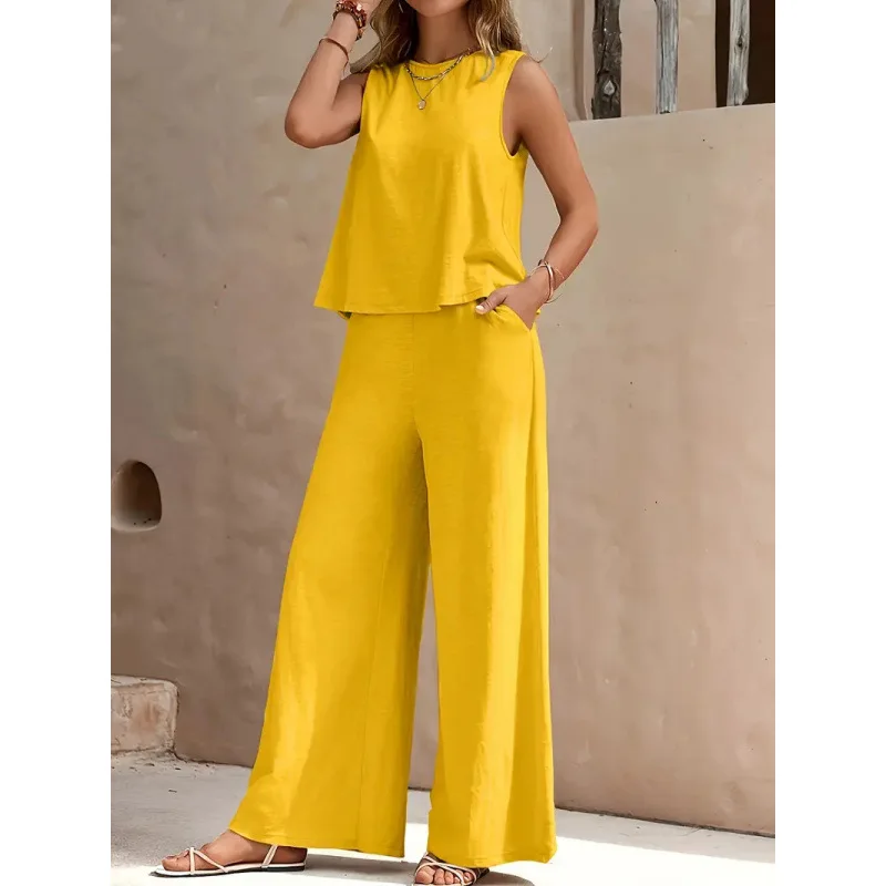 

Two-piece Ladies Set 2025 Summer New Versatile Sleeveless O Neck Vest Tops Suits Fashionable Casual Loose Wide Leg Pants Sets