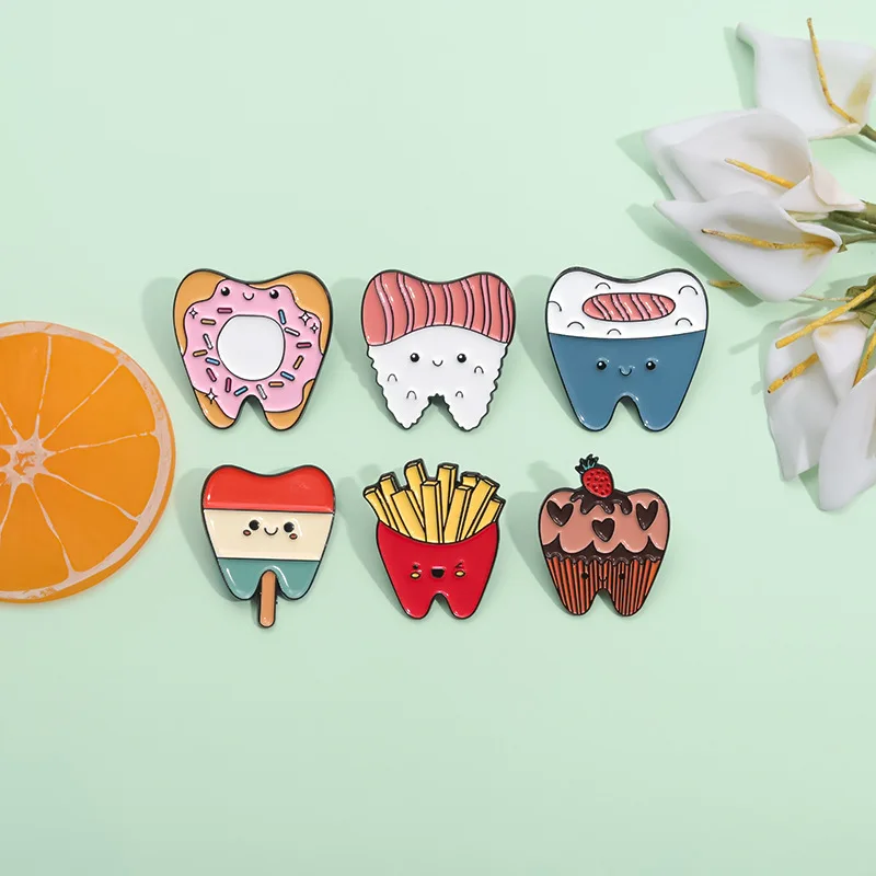 Food Series Enamel Pins Cute tooth brooch of donut sushi popsicle potato chips cake Accessories Metal Badge Jewelry Wholesale