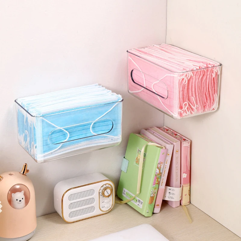 Transparent Storage Box Wall Mounted Tissue Box Large Capacity Disposable Mask Holder Free-punching for Home Office