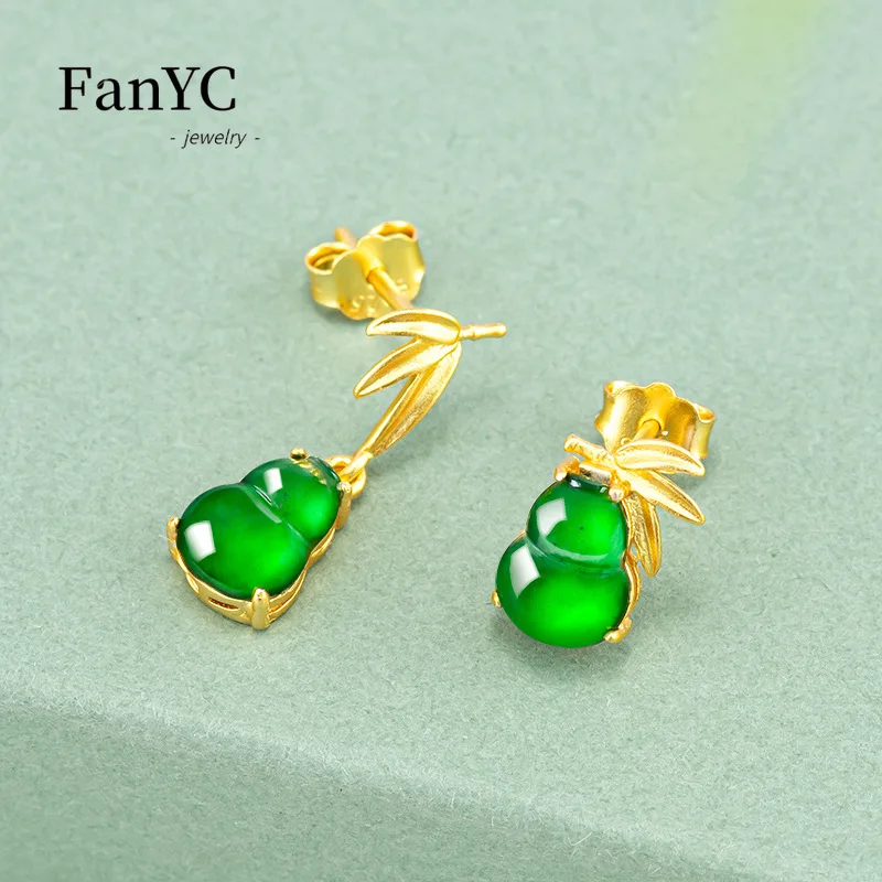 Myanmar A-goods Jadeite Gourd Bamboo Earrings S925 Silver Inlaid Exquisite Fashion Luxury Ice Jade Earrings Ladies Gift