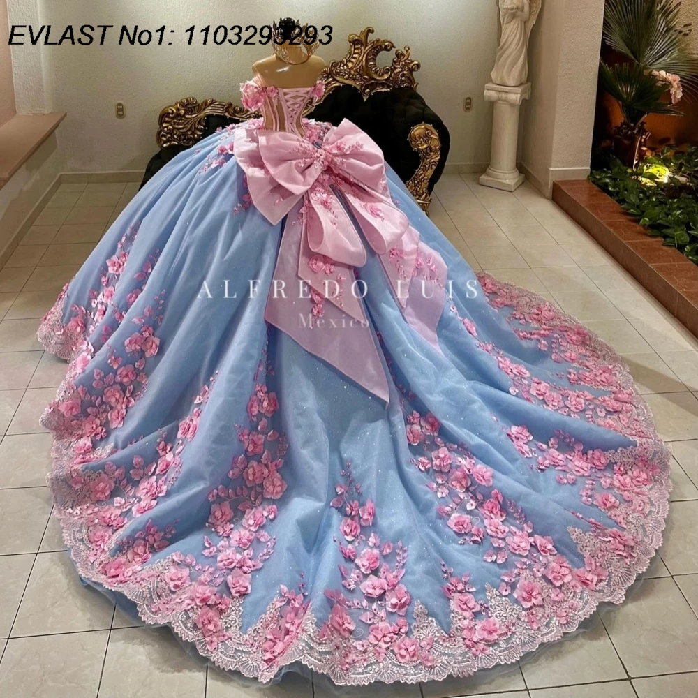 EVLAST Customized Blue Ball Gown Quinceanera Dress Pink Floral Lace Applique Beading Crystal Sweet 16 Vestidos De 15 Anos E1Q913