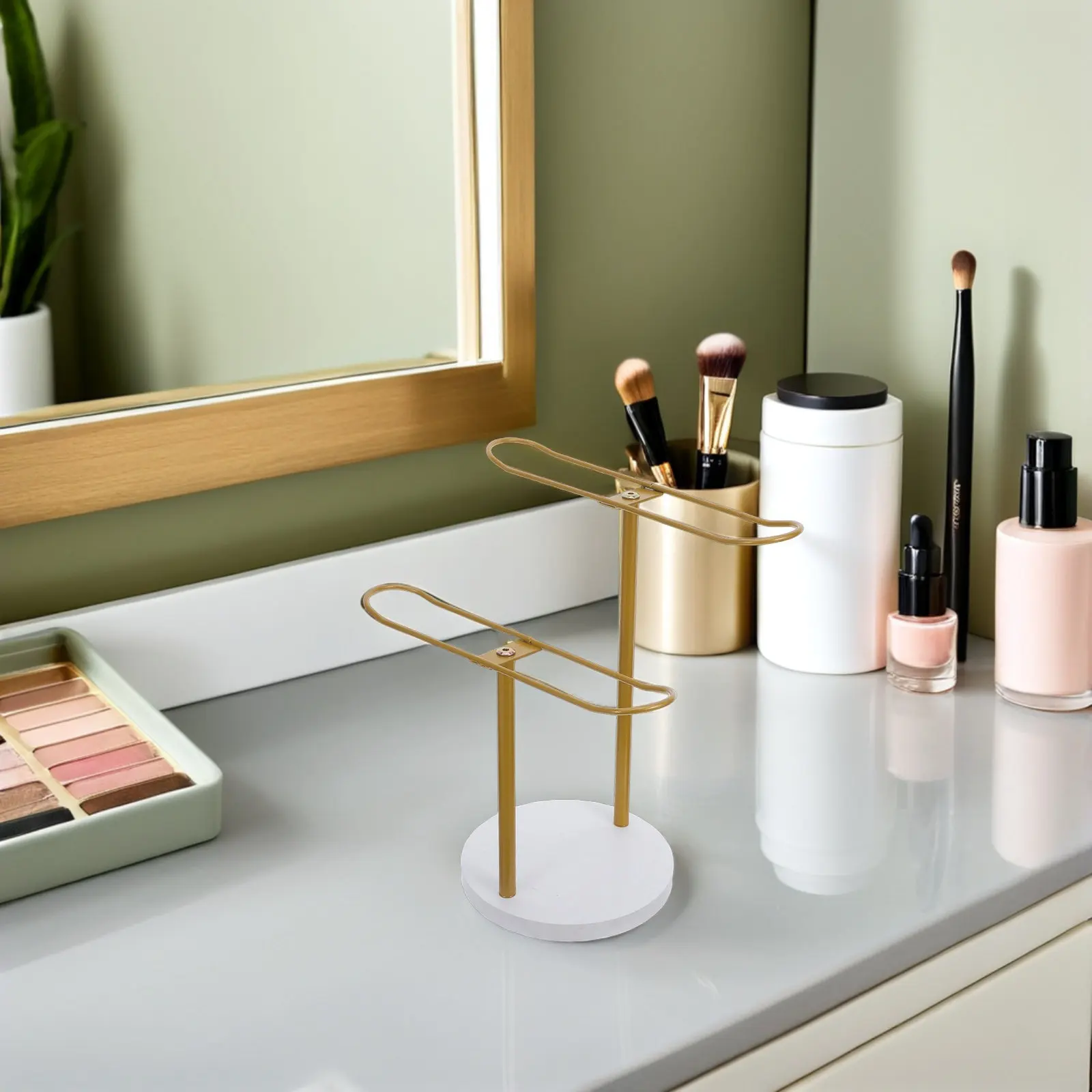 

Двухуровневая подставка для ободков для волос, золотистый металлический органайзер для заколок с прочным деревянным основанием для туалетного столика, для украшений, ожерелий, браслетов