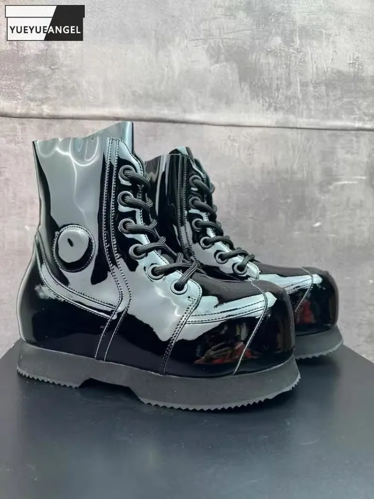 High Street Mens Round Tote High Top Cowhide Genuine Leather Ankle Boots Punk Style Stage Show Shoes Platform Work Safty Shoes
