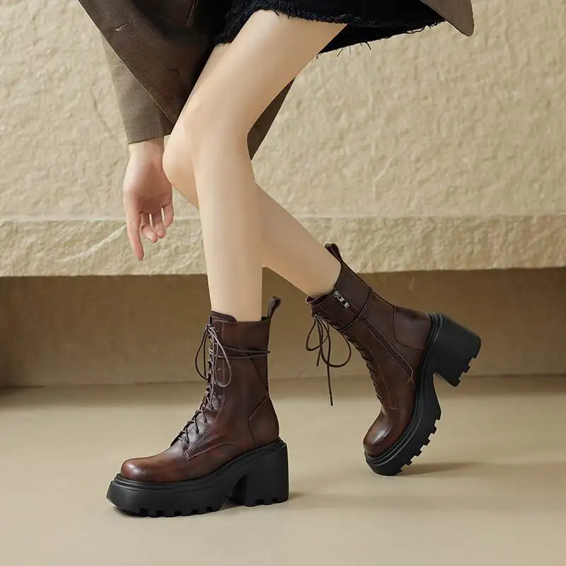 Krazing Pot Cow Leather Vintage Thick High Heels Round Toe Winter Lace Western Boots Punk Style Rock Singer Platform Ankle Boots