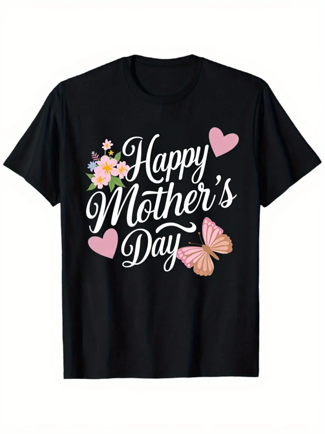Mother's Day happy shirt, butterfly and flower design, black short-sleeved casual T-shirt, creative Mother's Day gift for women
