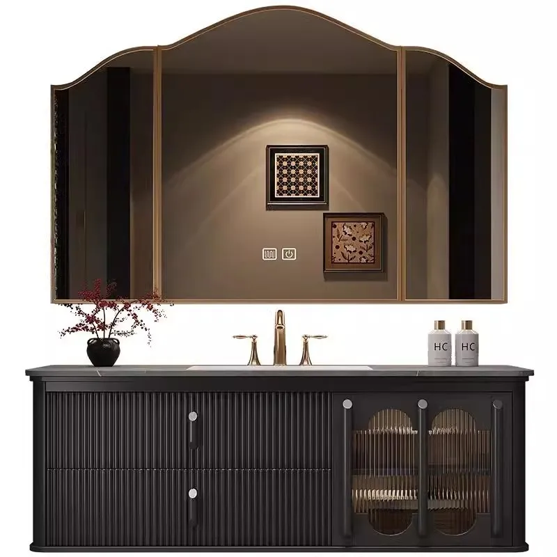 

French retro rock slab seamless integrated basin bathroom cabinet combination modern American washbasin oak luxury stone