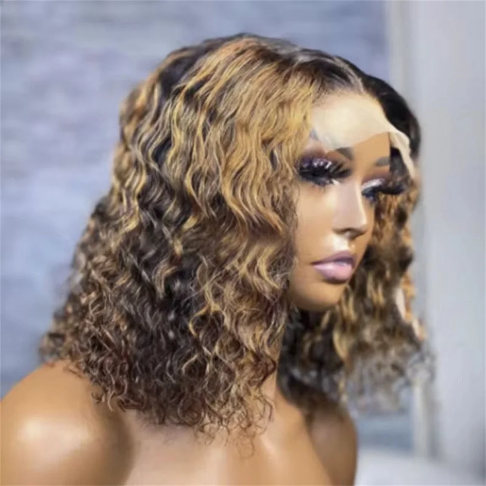 Short Curly Bob Wig Highlight 13x4 Lace Front Human Hair Wigs For Women Ombre Color Brazilian Deep Wave Lace Closure Frontal Wig