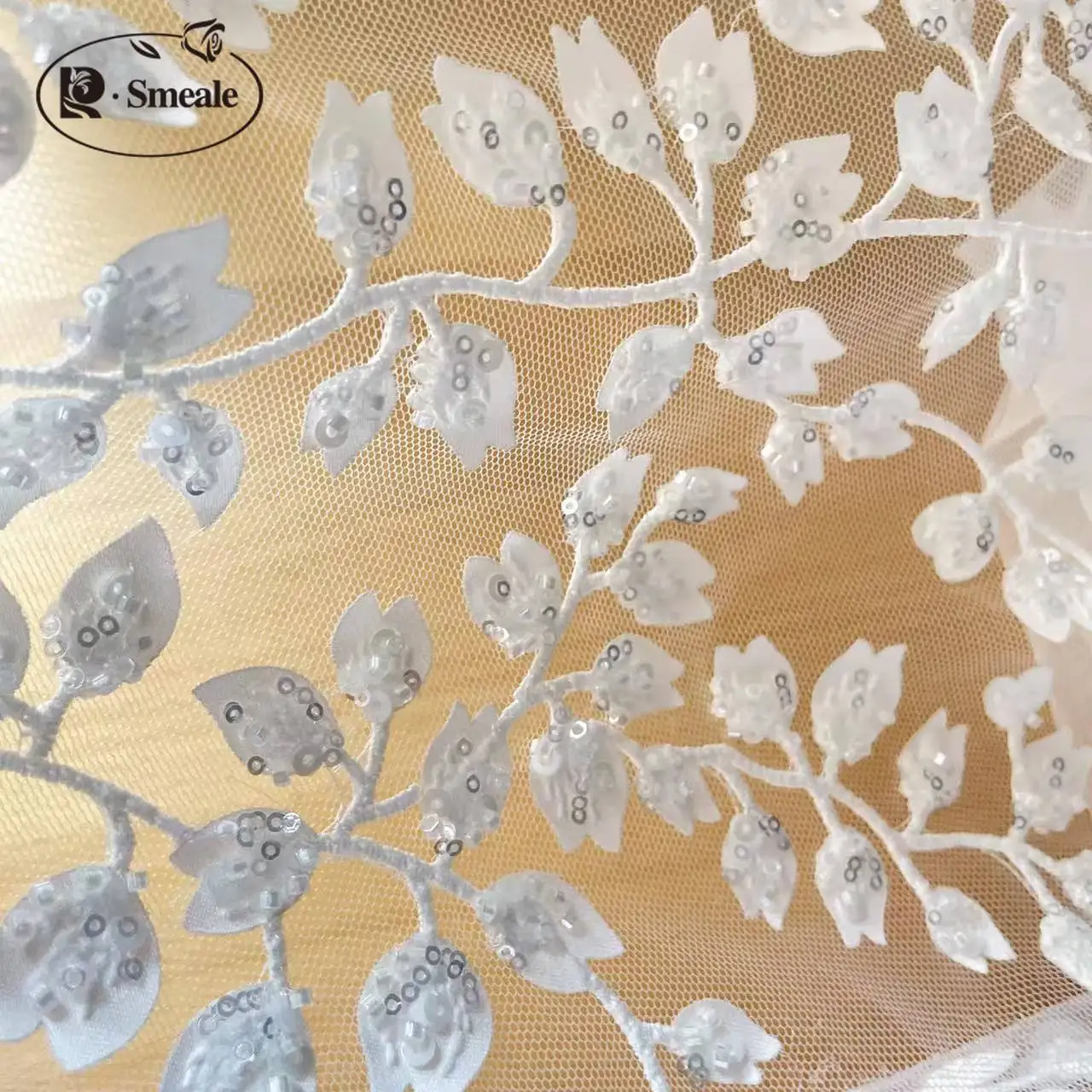 Flower and Leaf Wedding Dress Lace Fabric 3D Chiffon Flowers Beaded Lace Fabric  RS24460