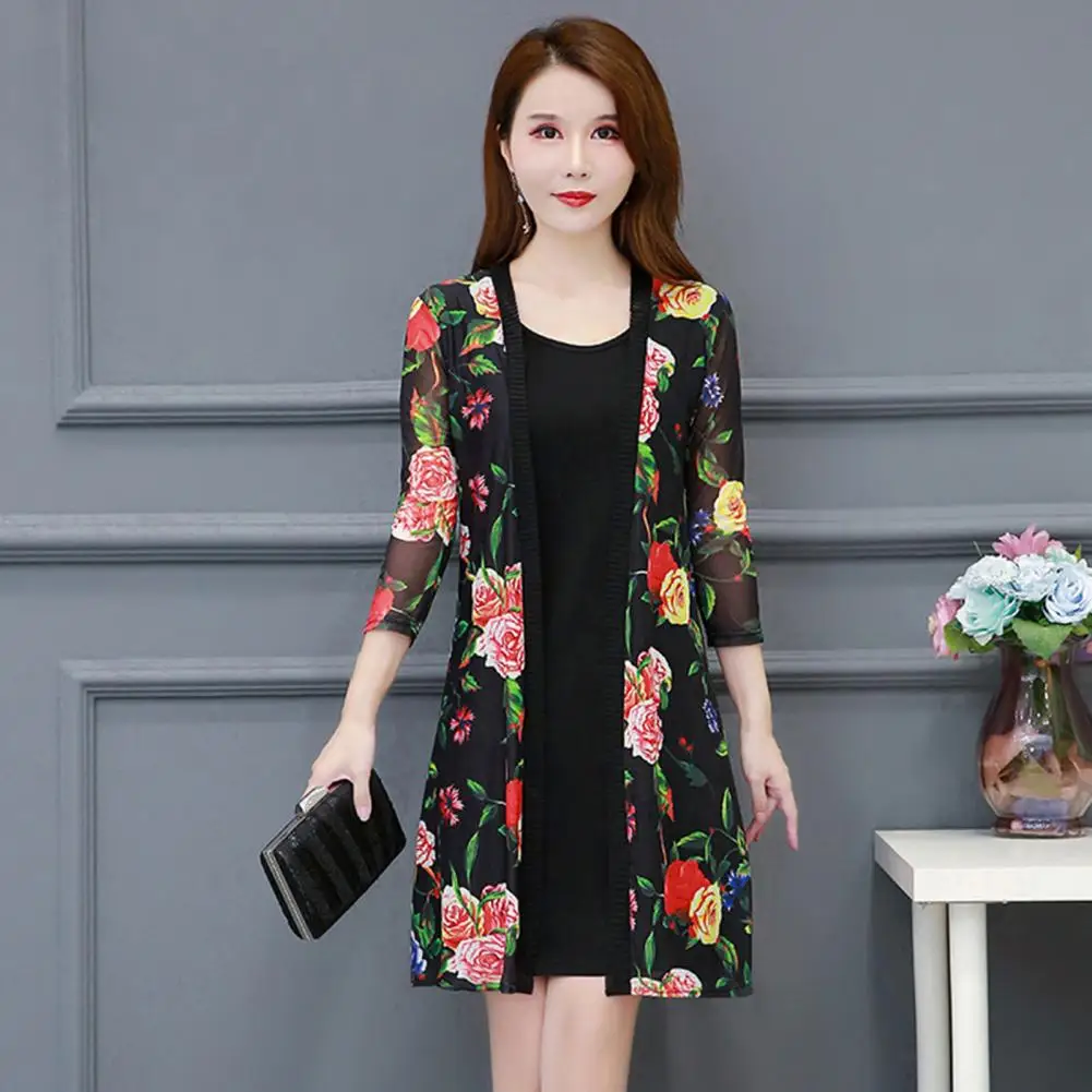 3/4 Sleeve Open Front Mid-length Cover Up Coat Flower Print Thin Lace Bikini Shawl Cover Up Beachwear