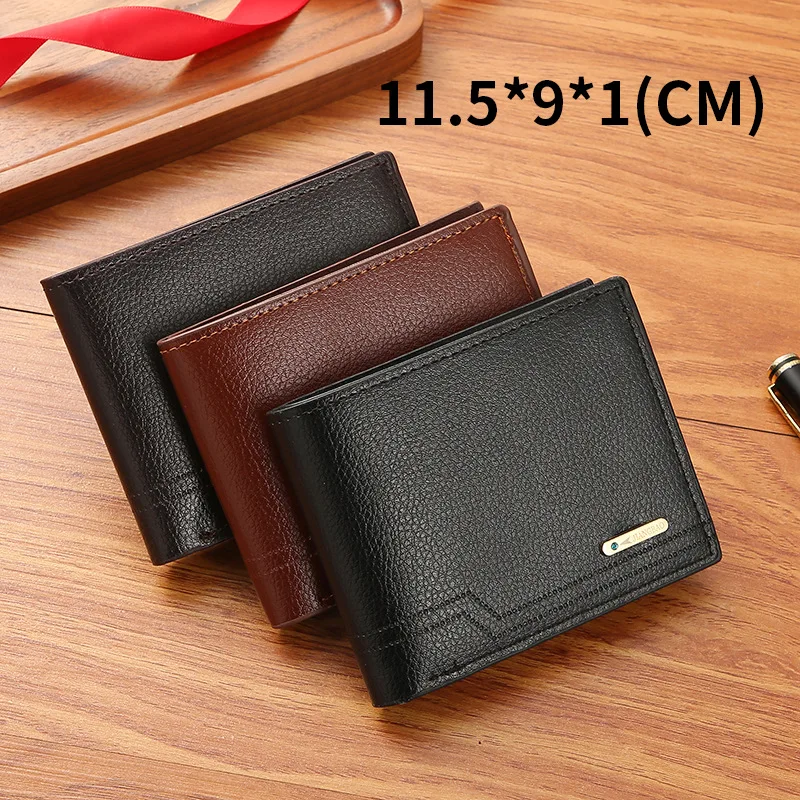 Men's Soft Leather Wallet Short Litchi Pattern Soft Leather Wallet Multiple Card Positions Large Capacity Small Wallet