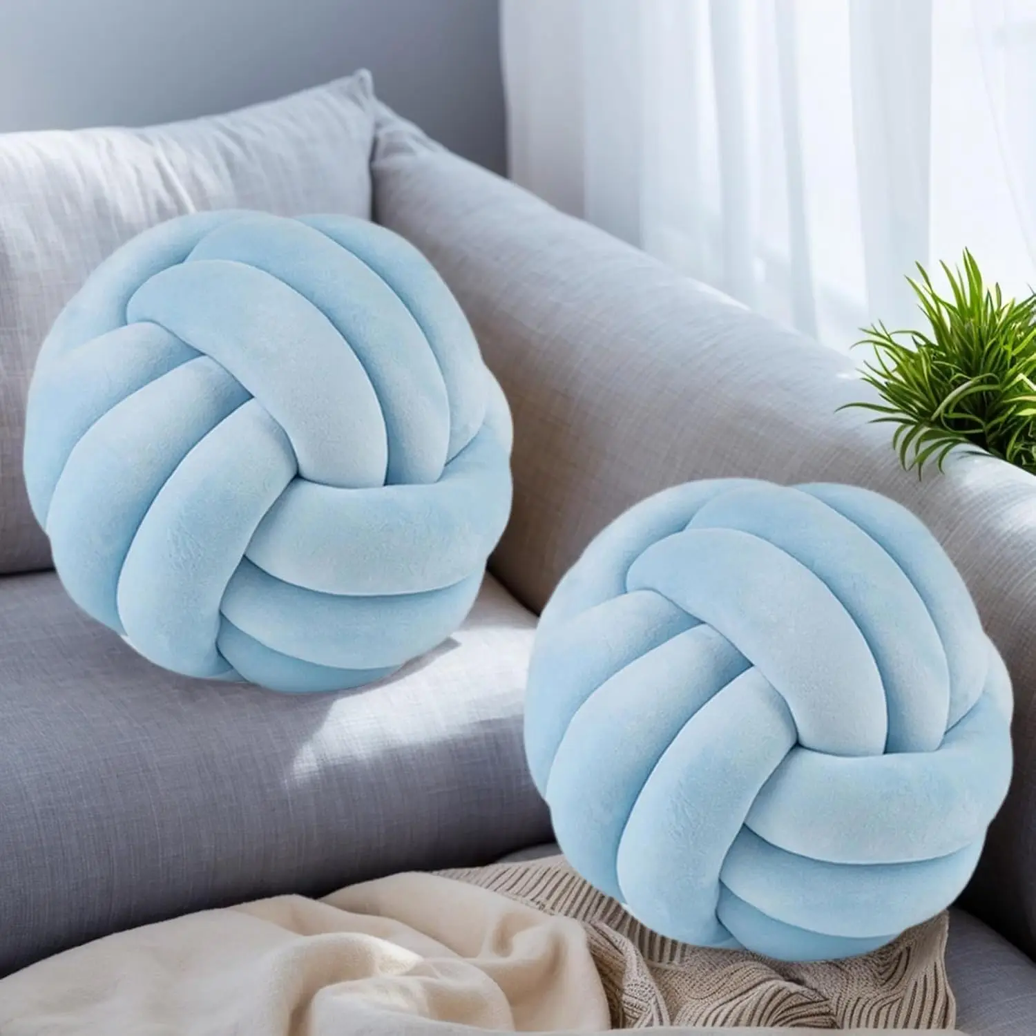 

2 Pcs Blue Knotted Ball Pillows, 8.7" Decorative Round Plush Throw Pillows for Bed Sofa Couch