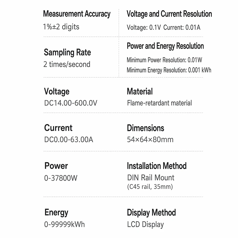 DIN-Schienen-DC-Energiezähler DC14-600V 63A 4-in-1 Multifunktions-LCD-DC-Watt-KWh-Zähler mit automatischer Datenspeicherung für Solarbatterie-Motorüberwachung – Detail 15