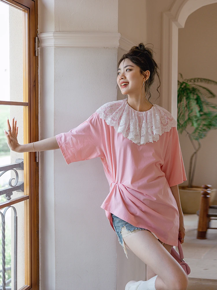 

Летняя свободная женская футболка с круглым вырезом, кружевной отделкой и вставками, нежно-розовый топ из хлопка, повседневный стиль, мода 2023