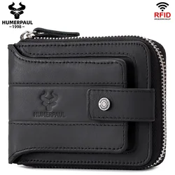 Real Natural Cow Leather Men Wallet RFID Multi-card Large Capacity Credit Card Holder Purse Casual Zip Storage Coin Pocket Bag