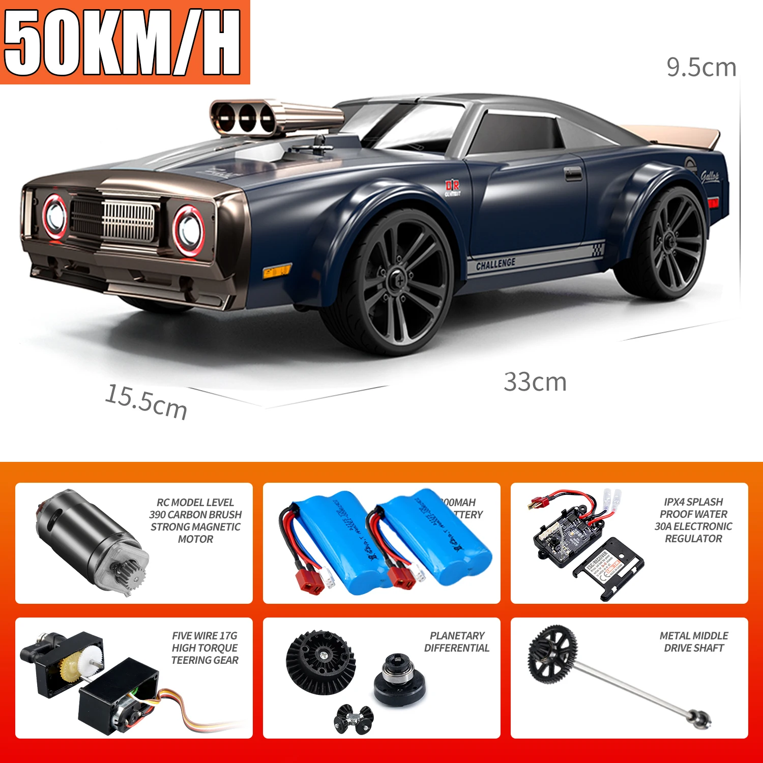 

Muscle Sports Car 50km/h 1/16 16303 High Speed 4WD Rc Drift Car LED Headlights 2.4G Remote Control Car Toys for Boys Gift