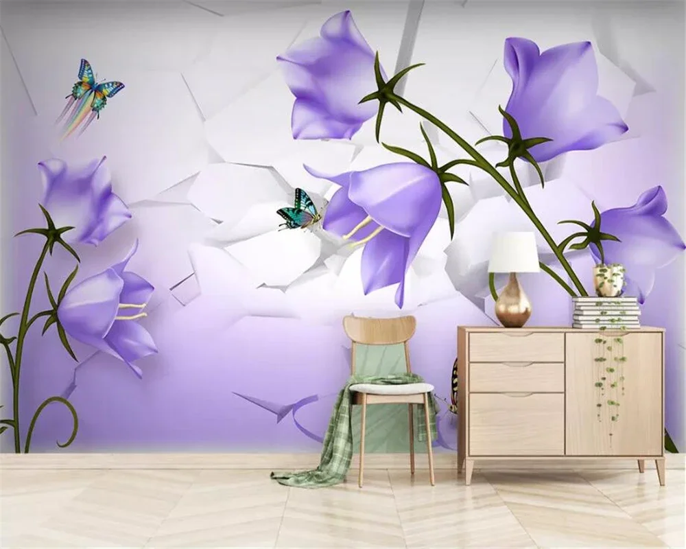 

Custom wallpaper 3d mural Beautiful dreamy purple flower butterfly home decor embossed silk mural living room bedroom wall paper