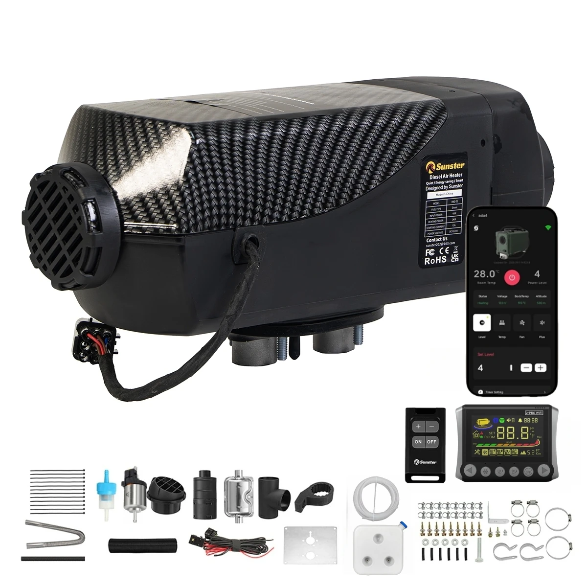 8KW 12V/24V Parkeerverwarming SH W8 APP Bluetooth WiFi Afstandsbediening Lange Levensduur 5500M Hoogte Voor Truck, Camper, Boot, Garage